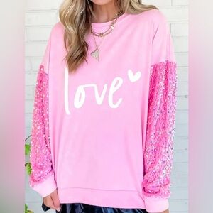 Women's Pink 'Love' Sequin Sleeve Pullover Sweatshirt